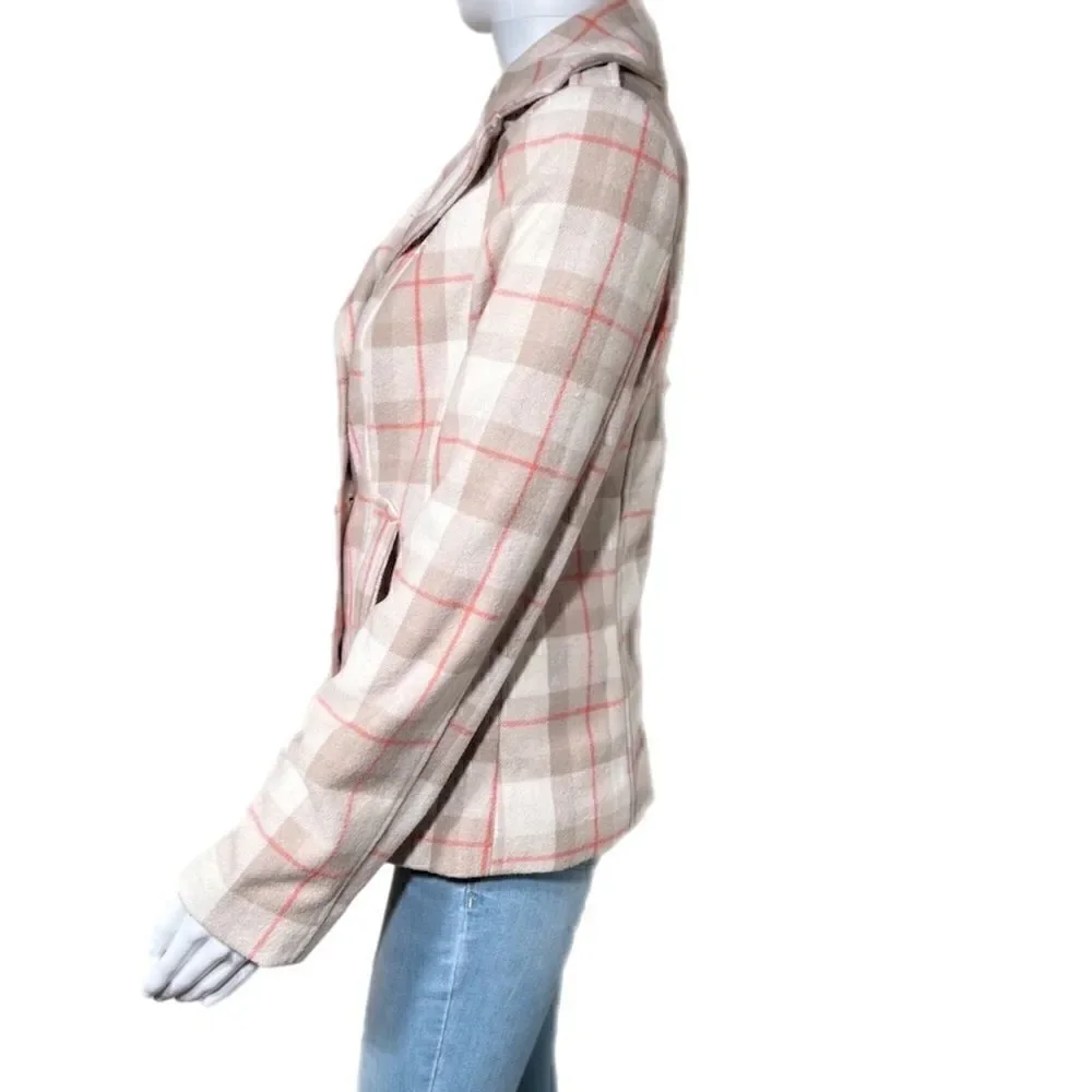 Pink & Beige Plaid Double Breasted Silk Lined Wool Peacoat NWOT